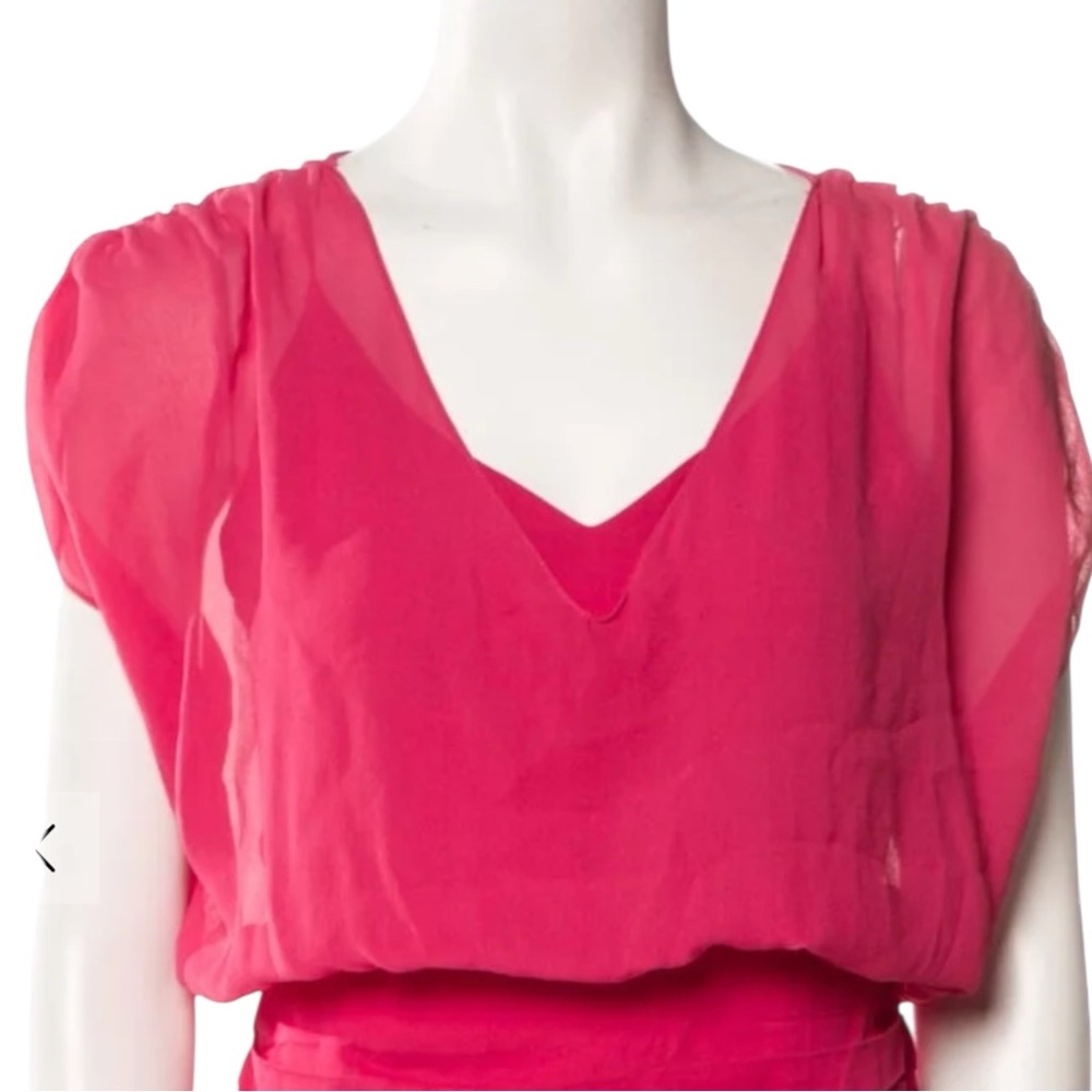 ALICE + OLIVIA 100% Silk Strawberry Pink Ruched Cocktail Mini Dress Size M - Picture 5 of 11